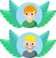 Avatar in social network. Young man in circle. Trend blue and green tropical leaves. Happy character. Cartoon flat illustration vector