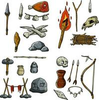 Set of items of primitive man and hunter. Weapons of caveman. Stone age hammer, axe and club. Lifestyle and tool. Cartoon illustration vector