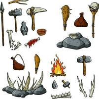 Set of items of primitive man and hunter. Weapons of caveman. Stone age hammer, axe and club. Lifestyle and tool. Cartoon illustration vector