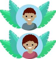 Avatar in social network. Young man and woman in circle. Trend blue and green tropical leaves. Happy character. Cartoon flat illustration. African Boy and girl vector