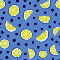 Bright colorful hand drawn style seamless pattern with lemon slices on blue background. Vector illustration, repeat pattern.