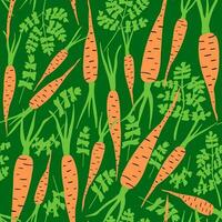 Cute orange carrots with leaves on green background seamless pattern. Vector illustration, repeat pattern.