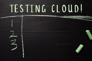 Testing Cloud written with color chalk. Supported by an additional services. Blackboard concept photo