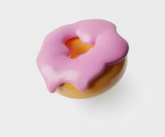 3d Donut with Dripping pink strawberry Glaze. Glossy plastic realistic dessert bakery icon. Three dimentional vector illustration on white background.