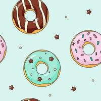 Cute donuts seamless pattern cartoon colorful doughnuts with chocolate stars and sprinkles on mint background. Pastel color palette endless textile or wallpapers print design. Vector illustration.