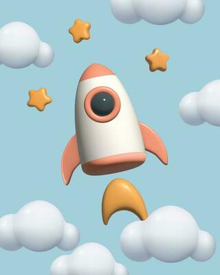 3d Rocket Stars and Clouds set. Cute toy cartoon flying spaceship in the sky three dimensional children vector illustration.