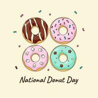 National Donut Day cute doodle greeting card template with colorful sprinkles. Square holiday background design. Various donuts vector illustration.