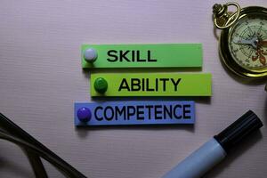 Skill, Ability, Competence text on sticky notes isolated on office desk photo