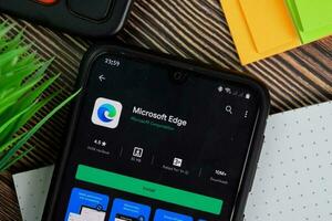 Microsoft Edge dev application on Smartphone screen. Edge is a freeware web browser developed by Microsoft Corporation.BEKASI, WEST JAVA, INDONESIA. AUGUST 6, 2020 photo