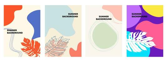 Set of summer background. Abstract Boho art with leaf, line and fluid wavy shapes. Templates for celebration, ads, branding, banner, cover, label, poster, sales vector