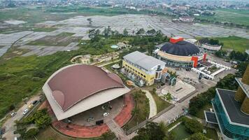 Aerial View of the pedestrian bridge that connects the Al Fathu Mosque and the Sabilulungan Cultural Gedong which is in the Soreang area. Bandung, Indonesia, November 22, 2022 photo