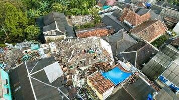 Aerial view of The Ruins of buildings damaged after the earthquake in Cianjur City. Bogor, Indonesia, December 22, 2022 photo