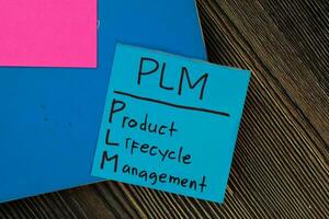 PLM - Product Lifecycle Management write on sticky notes isolated on Wooden Table. photo