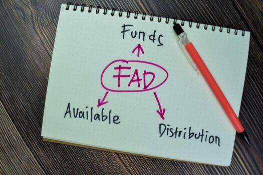 Concept of FAD - Funds Available Distribution write on a book isolated on Wooden Table. photo