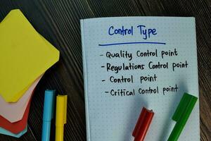 Control type write on a book with keywords isolated on Wooden Table. photo