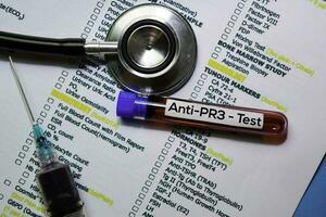 Anti-PR3 - Test with blood sample. Top view isolated on office desk. Healthcare Medical concept photo