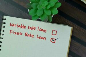 Concept of Fixed Rate Loan write on a sticky notes isolated on Wooden Table. photo