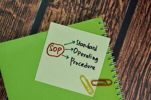 SOP - Standard Operating Prodecure write on sticky notes isolated on Wooden Table. photo