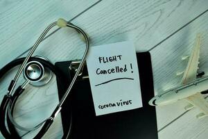 Flight Cancelled - Coronavirus write on sticky notes isolated on Wooden Table. photo