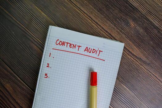 Content Audit write on a book with keywords isolated on Wooden Table. photo