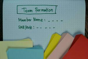 Form Team Formation write on a book isolated on Wooden Table. photo