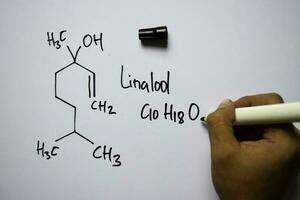 Linalool  molecule written on the white board. Structural chemical formula. Education concept photo