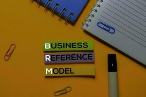 BRM. Business Reference Model acronym on sticky notes. Office desk background photo