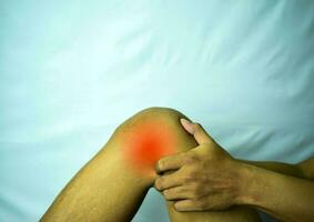 suffering from joint pain with red spot. Hands on leg as hurt from Arthritis. Osteoarthritis knee disease concept photo