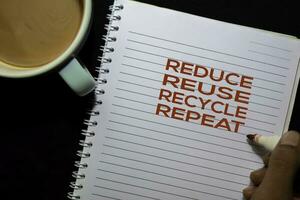 Reduce Reuse Recycle Repeat text on the Book isolated on office desk background photo