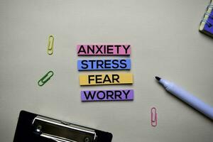 Anxiety - Stress - Fear - Worry text on sticky notes with office desk concept photo