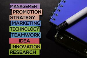 Management, Promotion, Strategy, Marketing, Technology, Teamwork, Idea, Innovation, Research text on sticky notes isolated on Black desk. Mechanism Strategy Concept photo