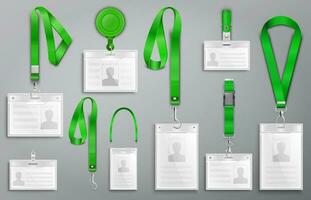 Set of realistic badges id cards on green lanyards with strap clips, cord and clasps vector illustration