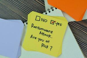 Concept of Ransomware Attack. Are you at risk Yes write on sticky notes isolated on Wooden Table. photo