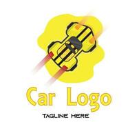 Yellow speed car top view logo vector illustration with dummy text on white background.