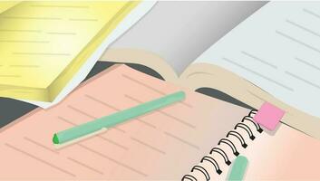 Cropped and partial view of notebook and pens and books. Education and study theme vector illustration background.