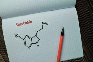 Chemical molecular Formule Hormone Serotonin write on a book isolated on Wooden Table. photo