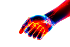 Carpal tunnel syndrome. Brush of a man's hand in neon blue and red light. Medical poster. png