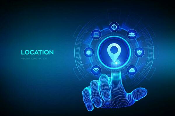 Location. Point of location. Pointer of map. Map marker sign. Gps pointer. Navigation pin point global position system symbol. Wireframe hand touching digital interface. Vector illustration.