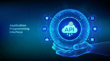 API. Application Programming Interface in the shape of sphere with hexagon grid pattern in wireframe hand. Software development tool, cloud computing technology concept. Vector illustration.