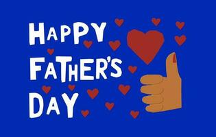 High contrast cutout greeting card for Fathers day. Unique vector papercraft illustration on blue background with text Happy Fathers day with hand as like symbol and hearts. Perfect for post, banner