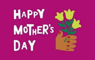 Childish papercut greeting card for Mothers day. Unique vector cutout illustration on pink background with text Happy Mothers day and hand with bunch of flowers. Ideal for post, banner, background.