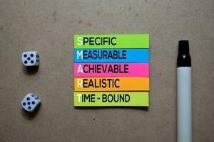 SMART - Specific, Measurable, Achievable, Realistic, And Time-Bound write on Sticky note. Isolated on wooden table photo