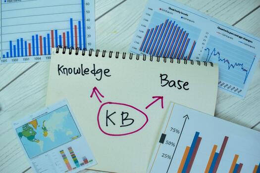 Concept of Knowledge Base write on a book with statistics isolated on Wooden Table. photo