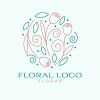 Floral vector logo design. Tulip flowers and leaves emblem. Cosmetics logo template.