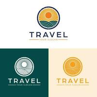Travel vector logo design. Field and sunset logotype. Nature landscape logo template.