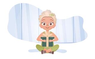 A cute little girl sits in a lotus position with a gift in her hands. . vector