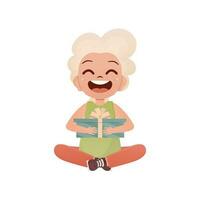 A cute little girl sits in a lotus position with a gift in her hands. Cartoon style. Vector. vector