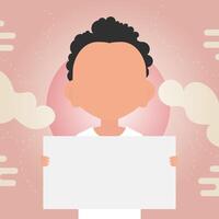 A cute little boy is holding a blank sheet of paper in his hands. Place for your text. illustration in cartoon style. vector
