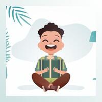 Smiling child boy sits in a lotus position and holds a box with a bow in his hands. Holidays theme. Vector illustration in cartoon style.