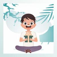 Joyful child boy sits in a lotus position and holds a box with a bow in his hands. Holidays theme. Vector illustration in cartoon style.